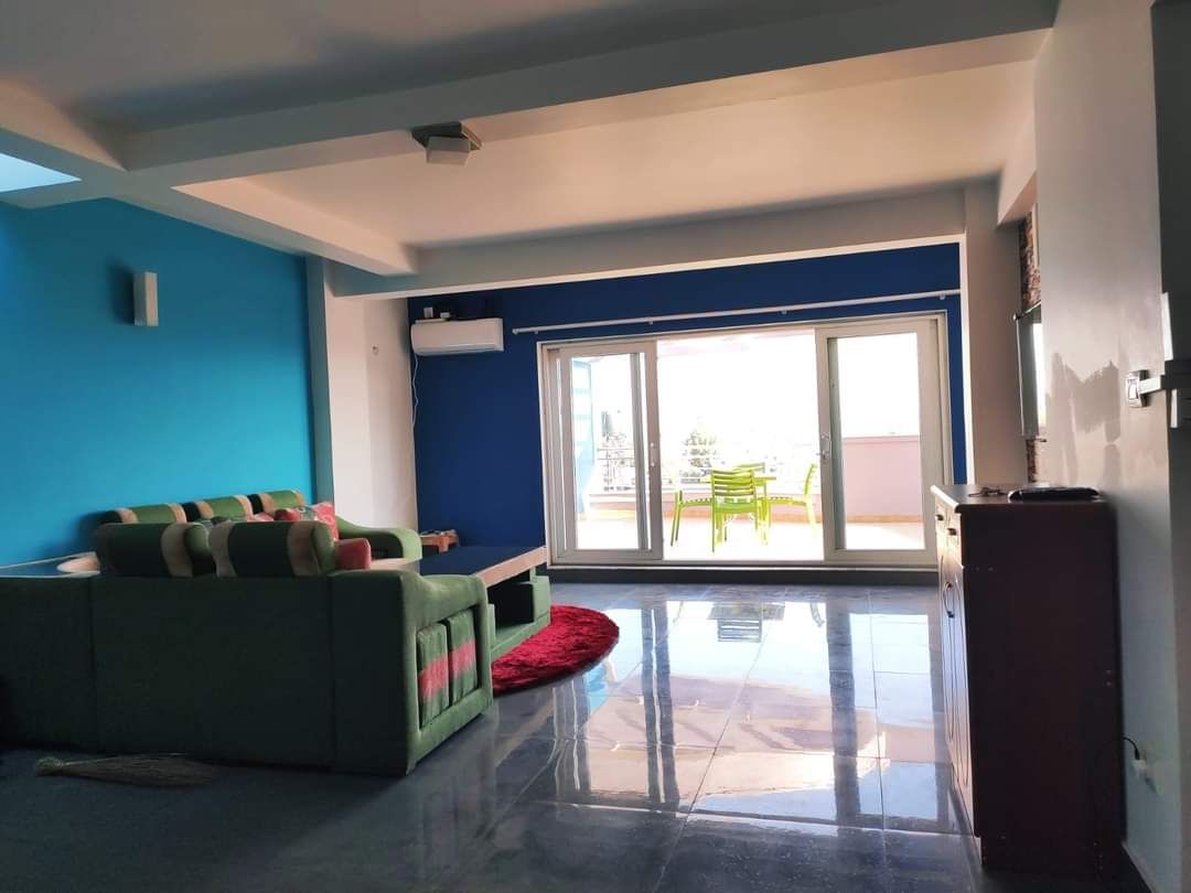 Living Room Wide Angle — Green Sofa, Blue Walls, Terrace Doors